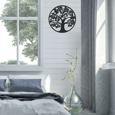 Décoration murale en métal Cadre Arbre de Vie Deco murale noir industrielle Tableau grand modern original pour salon (45 x 45 cm)