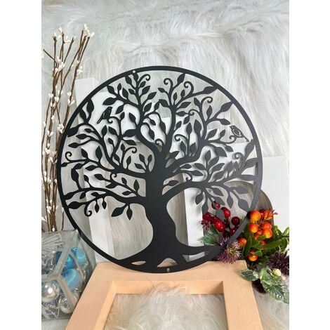 Décoration murale en métal Cadre Arbre de Vie Deco murale noir industrielle Tableau grand modern original pour salon (45 x 45 cm)