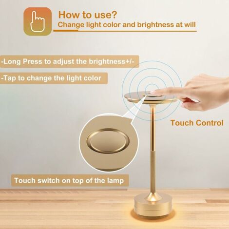 CHOYCLIT Lampe de table sans fil – Alimentée par batterie rechargeable, lampe de chevet portable – Avec commande tactile, intensité variable – Pour dîner/salle à manger/chambre/camping – Doré
