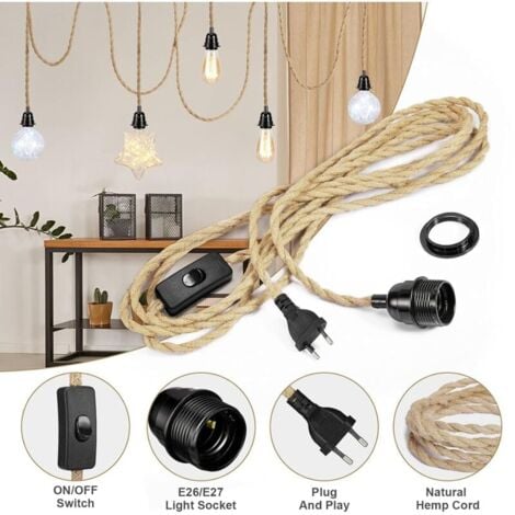 CHOYCLIT 4.5M Câble électrique en lin 2 Conducteurs, avec E27 Douille et Interrupteur, pour DIY Lampe(sans ampoule)