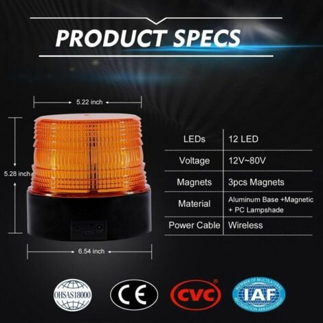 CHOYCLIT Gyrophare LED orange 12V sans fil lumière stroboscopique feux clignotant magnetique d'urgence signalement lumières pour auto véhicule  Rechargeable