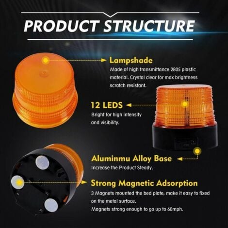 CHOYCLIT Gyrophare LED orange 12V sans fil lumière stroboscopique feux clignotant magnetique d'urgence signalement lumières pour auto véhicule  Rechargeable