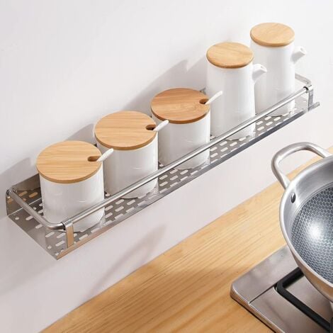 CHOYCLIT Étagère à épices en métal Gris 40 cm de long autocollante sans perçage comme armoire de cuisine Étagère de cuisine avec cadre – Adhésif puissant