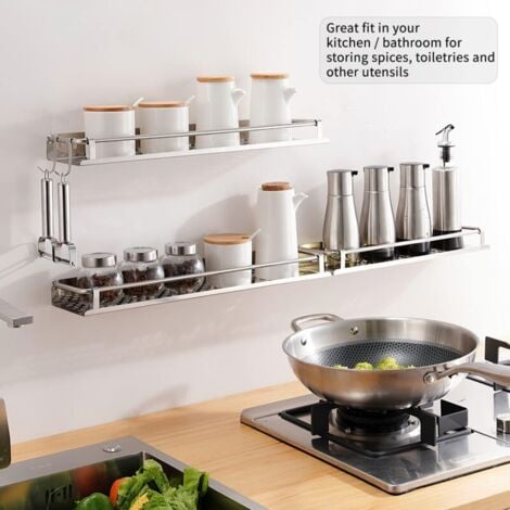 CHOYCLIT Étagère à épices en métal Gris 40 cm de long autocollante sans perçage comme armoire de cuisine Étagère de cuisine avec cadre – Adhésif puissant