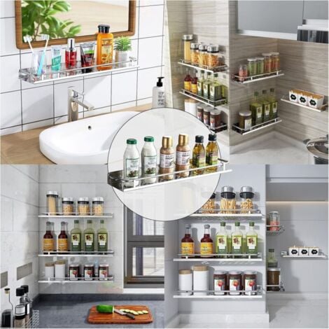 CHOYCLIT Étagère à épices en métal Gris 40 cm de long autocollante sans perçage comme armoire de cuisine Étagère de cuisine avec cadre – Adhésif puissant