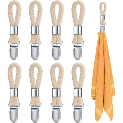 KARELLS Crochet Torchon en Métal avec Coton Tissé, 6 Pièces Multifonctionnels Cuisine Serviettes Clips, Clips Porte-Torchon Placards Serviettes Suspendues, Résistants Pinces à Torchons