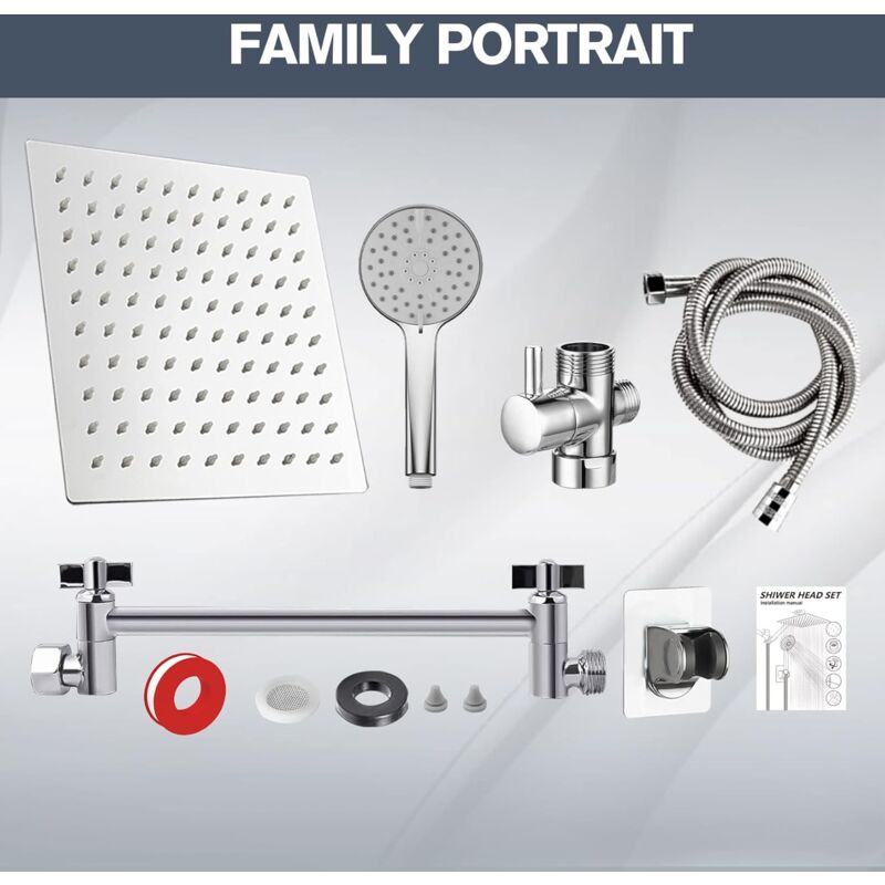 Pommeau de douche carré à effet pluie, pivotant et ultra-fin, en acier inoxydable 304, haute