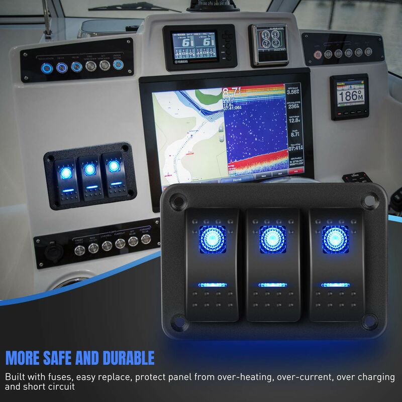 RUNCCI-YUN Panneau Interrupteur à Bascule 3 Gangs 12V-24V Pour Voiture, Camion, Bateau - Rond Avec Plaque Métallique