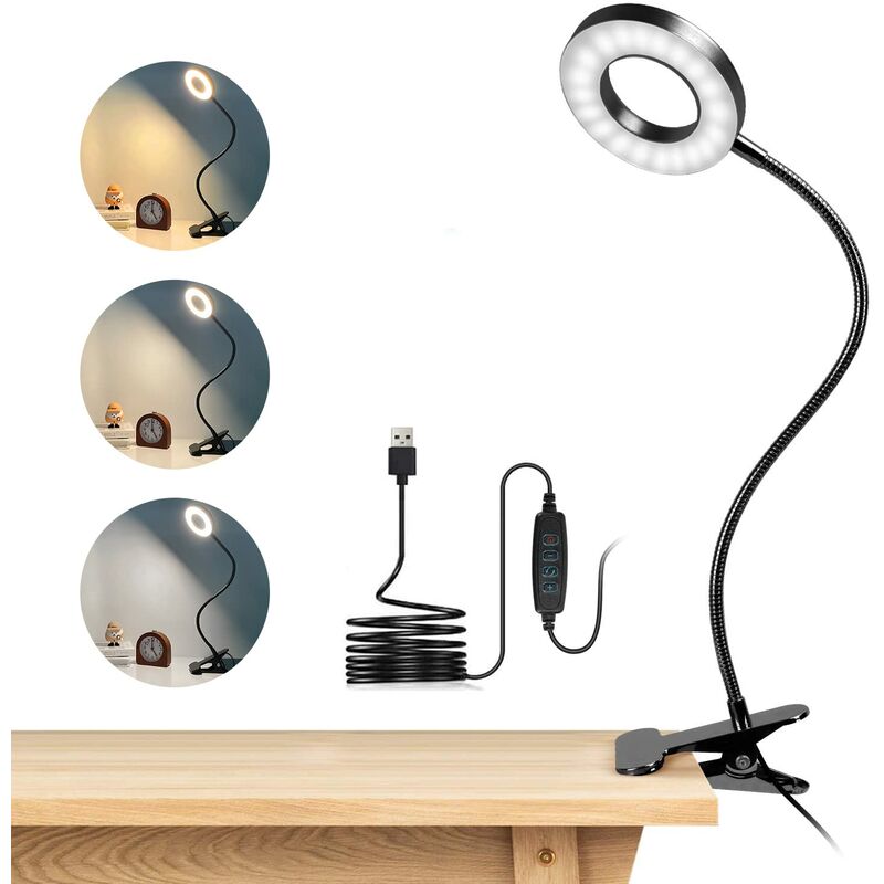 Lampe de bureau à pince USB, 3 couleurs et 10 luminosité réglables, 48 led  flexibles 360, lampe à pince pour lit, lampe de lecture de livre, dimmable  USB C