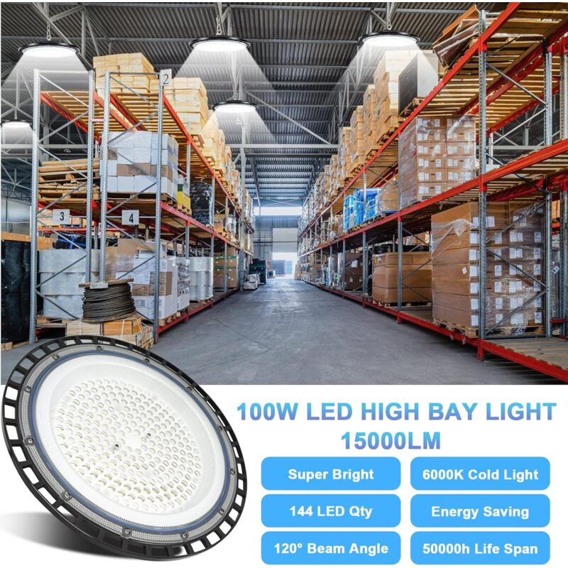 Pack De 4 Spots LED UFO 100W Pour Garage/atelier - 6000-6500K, IP65, Suspension Incluse (50 000h)