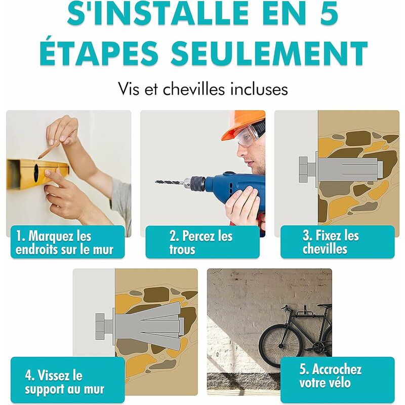 Support mural vélo pliable avec cintre rembourré en mousse - Noir