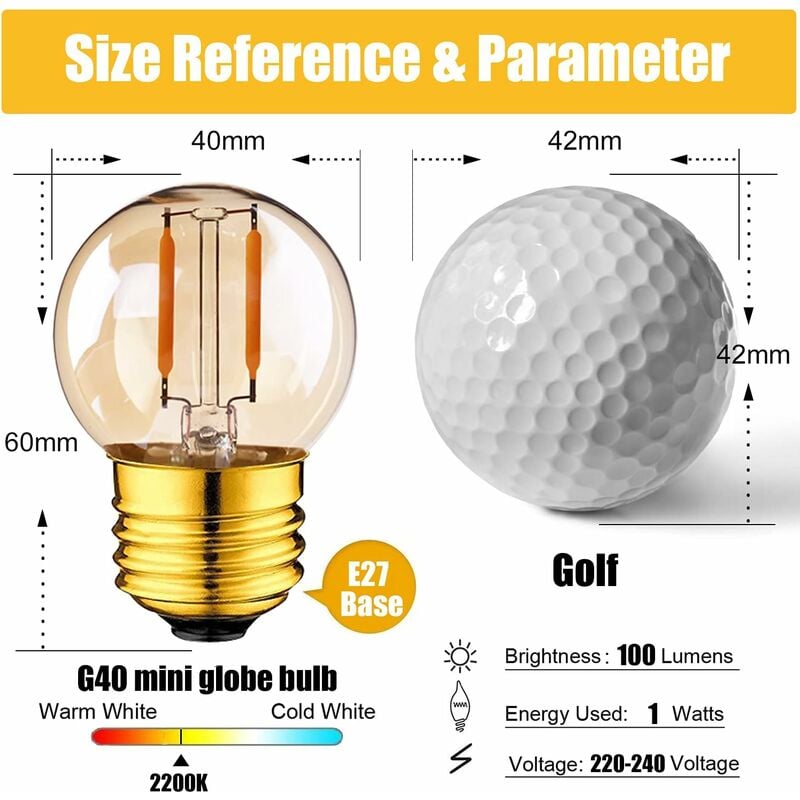 Ampoule Led B22 ampoule à baïonnette 1 W (équivalent à 10 W) Filament en  spirale économie d'énergie lampe à LED jaune 2200 K Golf ampoule Non  Dimmable