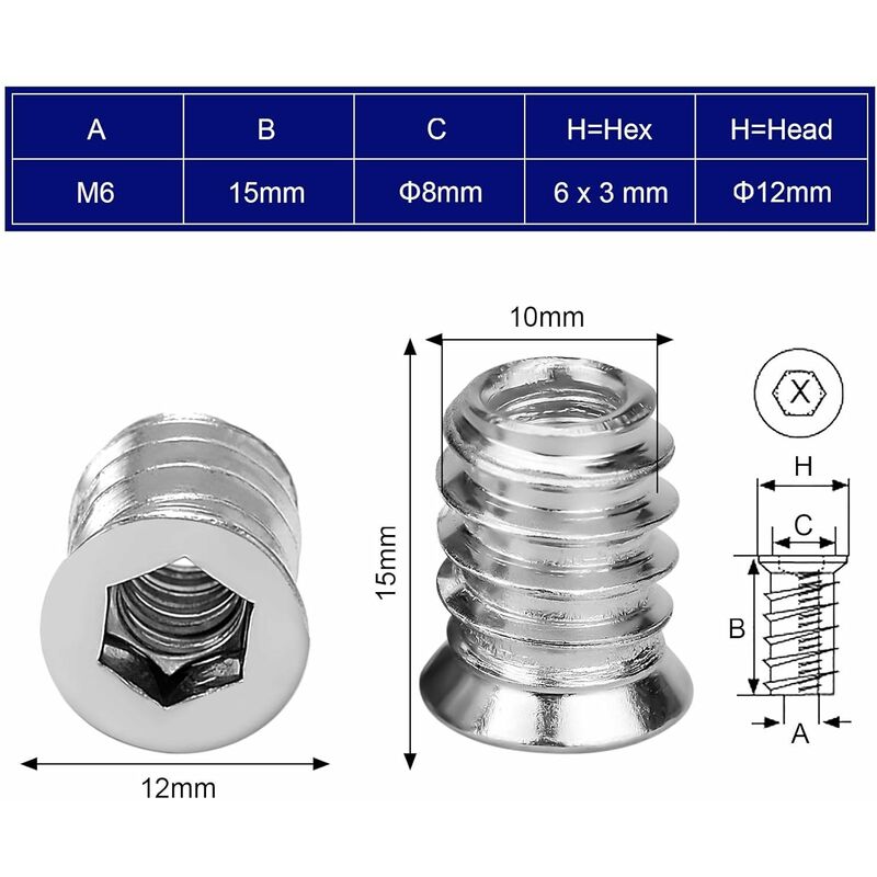 100pcs M6 X 15mm Meuble Vis Dans Écrou Fileté