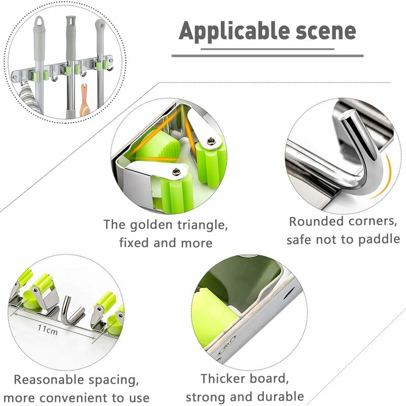 Porte-balai Mural,en Acier Inoxydable,Adhésif Mop Support Avec Crochets,Placard à Balais Multifonction Pour Cuisine,Jardin,Salle de Bain,Garage,Balcon,Bureau (1 clips et 1 crochets - 4 Pack