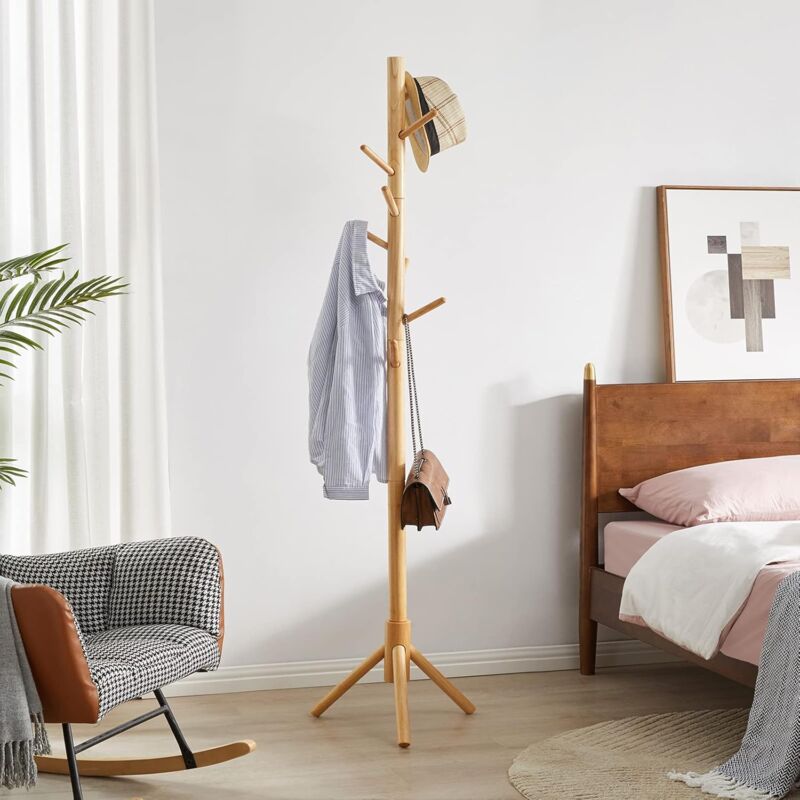 Portemanteau, Portant À Vêtements En Bois Massif, Vestiaire Avec 8 Crochets Et 1 Étagères, 3