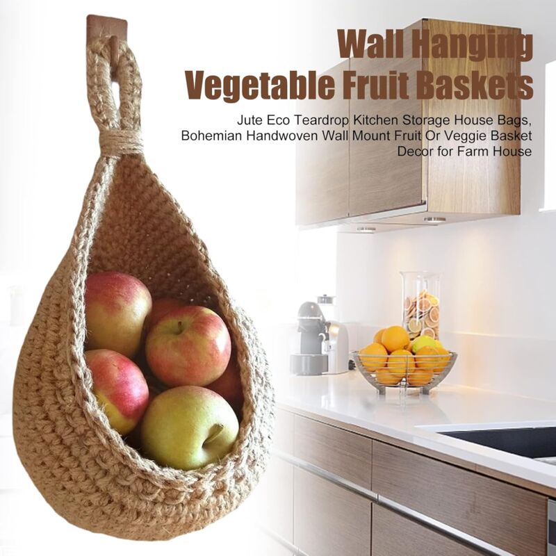 Paniers Suspendus HonGien 3Pcs - Rangement Fruits/Légumes Murale, Coton Kaki - Petit/Moyen/Grand
