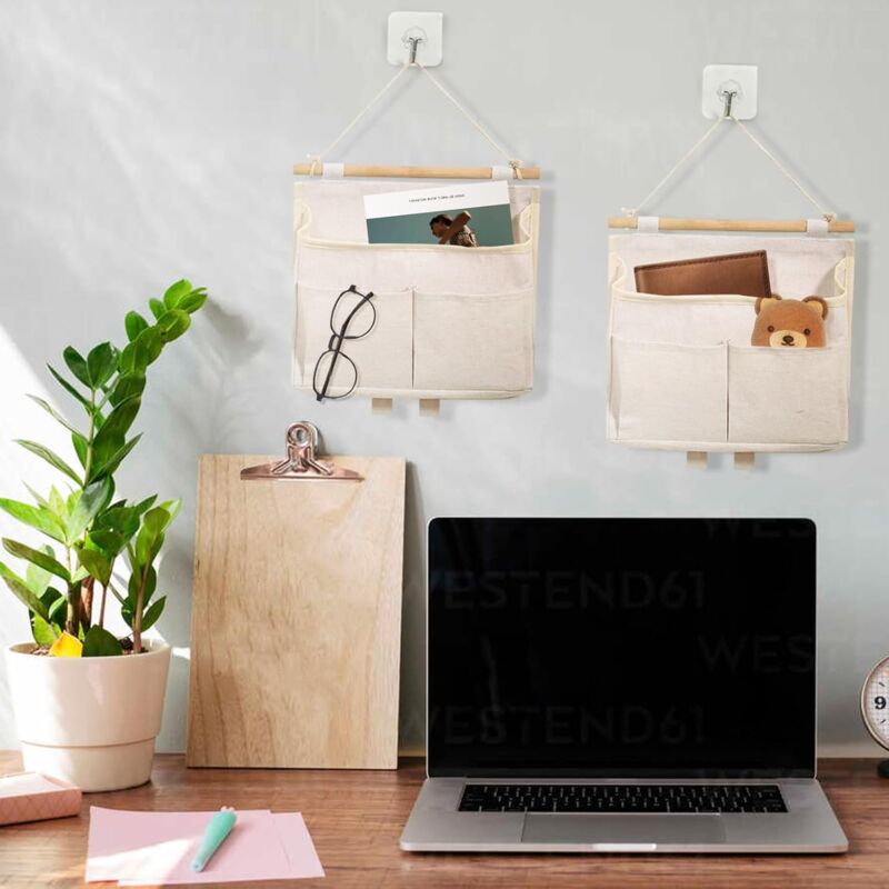 2 Pièces)Sacs Rangement Coton Lin, Sac De Rangement Suspendu, Avec 3 Poches, Multicolore, Pour