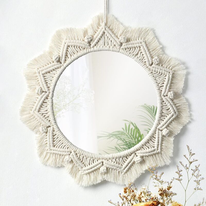 2 Pièces Miroir Mural Boho Avec Frange Macramé - Miroirs Ronds Suspendus Tissés Pour Décoration Chambre Salon Appartement