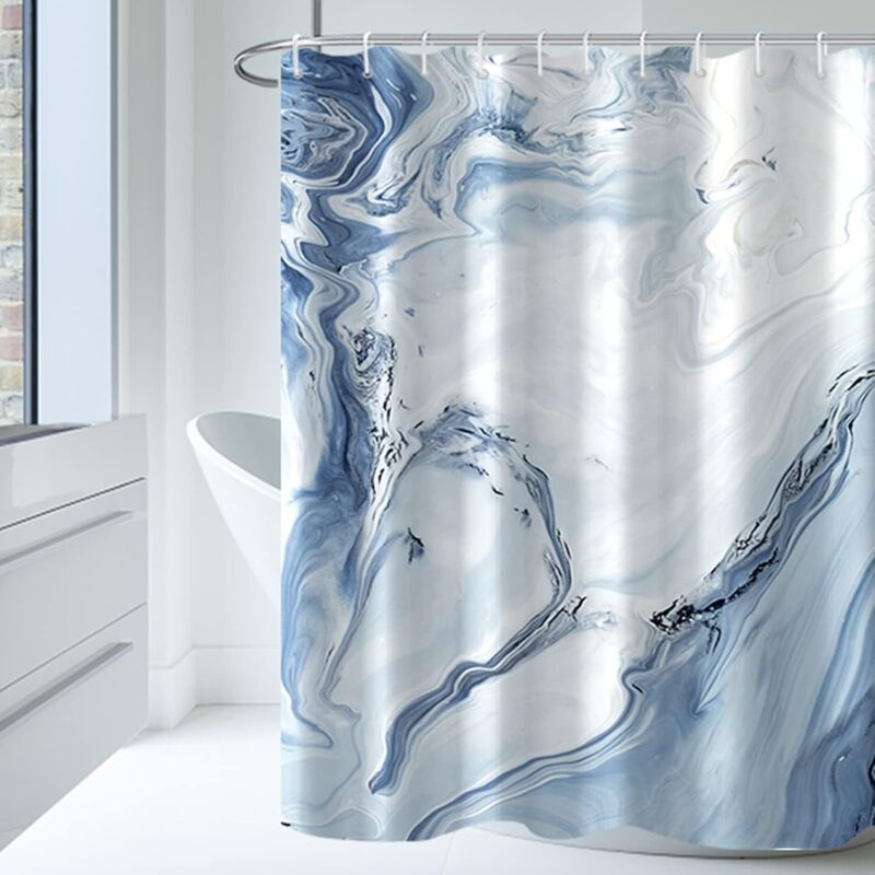 BoomTeck Bleu Rideau De Douche 180x180 Cm, Tissu Polyester Imperméable Lavable Machine Décoratif Long Baignoire Salle De Bain Rideau, Avec 12 Anneaux De Rideaux Crochets, Pétales Fleur Floral