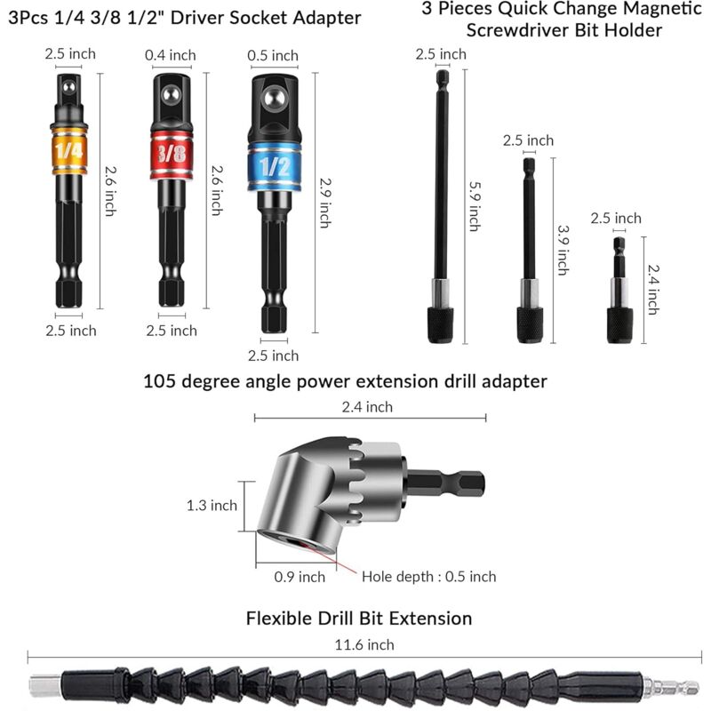 Kit 28 Pièces D’embouts De Perceuse Flexibles - Rallonges à 105°, Adaptateurs, Douilles - Pour Travaux En Espaces Confinés - 7