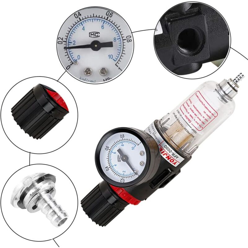 Régulateur De Pression Air Comprimé 1/4" Avec Filtre Séparateur Eau - Réglage 0.5 à 8.5 Bar - Pour Compresseur - 11