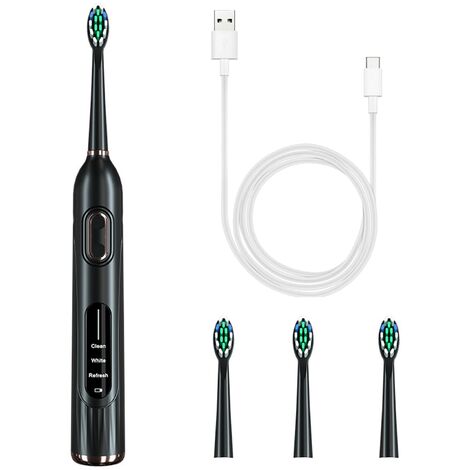 Brosse à dents électrique, 36000 oscillations / min, 3 modes, résistant à l'eau, conception ergonomique, 4 têtes incluses, noir