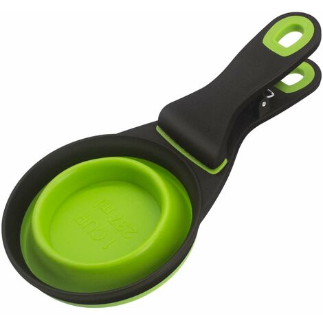 Support de sac de céréales pliable en TPE 3 en 1 pour animaux de compagnie, tasse à mesurer pour nourriture pour chien (M, vert) (1/5)