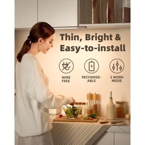 LED Lampe de Placard 40cm à Détecteur de Mouvement Intérieur, Réglette LED Cuisine sans Fil, Lumière D'armoire 3500K avec 3 Modes d’Éclairage, Rechargeable par USB, LED Veilleuse - 1 Pack