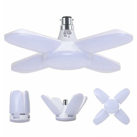 Lampe Garage B22 60W,Lampe Atelier Blanc Froid 6500K 6800Lm,Déformable avec 4 Panneaux Ajustables, Éclairage Plafond LED, pour Garages (1/5)