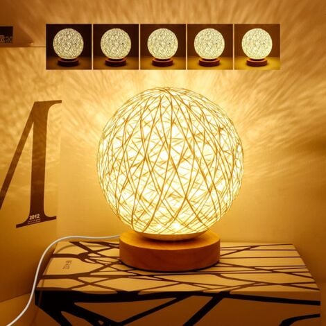 Rotin Lumière de Nuit, Lampe de table en bois avec abat-jour tissé à la main, USB rechargeable, Lampe d'Ambiance de Chambre en Rotin et Bois pour chambre à coucher, salon, Blanc