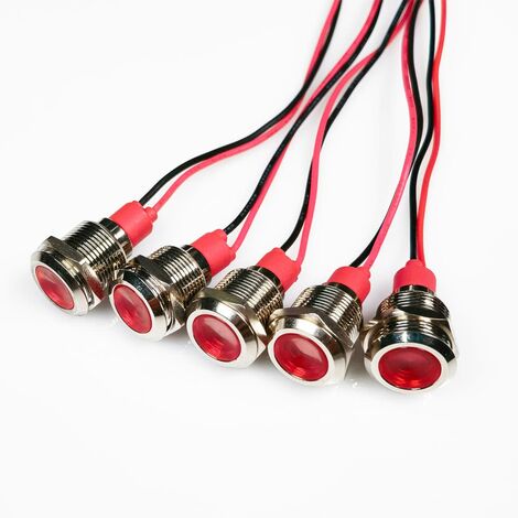 5pcs 12mm 12/24VDC LED Métal Indicateur - Lumière éTanche Signal Lampe Pilote Tableau de Bord Directionnel avec Fil(Rouge)