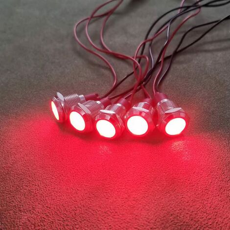 5pcs 12mm 12/24VDC LED Métal Indicateur - Lumière éTanche Signal Lampe Pilote Tableau de Bord Directionnel avec Fil(Rouge)