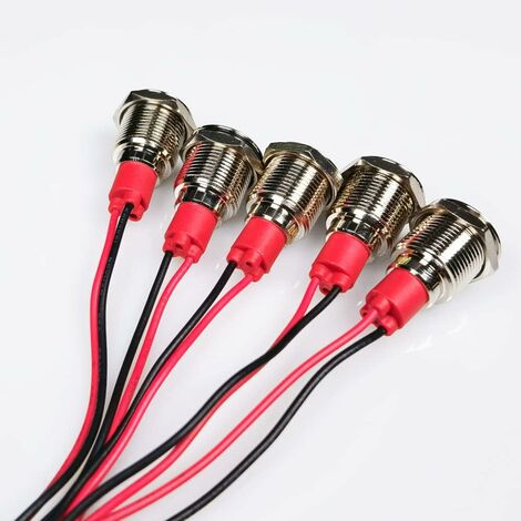 5pcs 12mm 12/24VDC LED Métal Indicateur - Lumière éTanche Signal Lampe Pilote Tableau de Bord Directionnel avec Fil(Rouge)