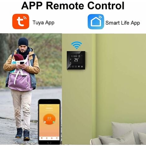 Intelligent Thermostat WiFi Connecté pour Chaudiere/Chauffage au Sol à Eau 3A Filaire Alexa/Google Assistant/Tuya Smart Life APP Compatible, Thermostats d'ambiance Programmable Chaudière Noir