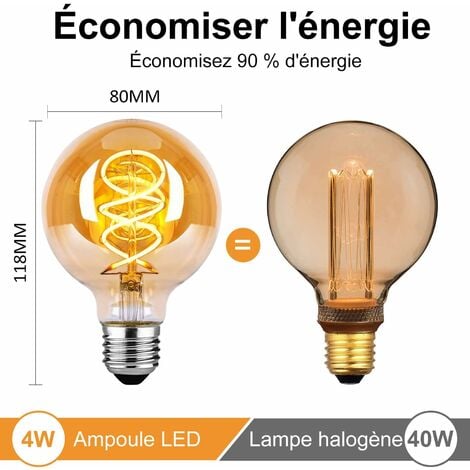 Ampoule LED E27, Ampoule E27 Vintage Dimmable 4W G80 Ampoule LED E27 Blanc Chaud 2200K 260LM Edison Décorative Rétro Ampoule Vintage Antique Lampe Equivalent à Incandescente 40W, Lot de 4
