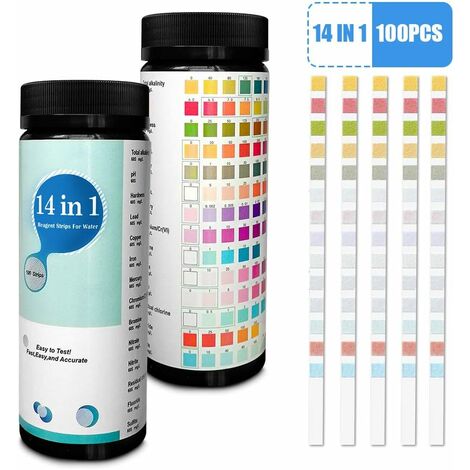 Tinor – Lot de 100 bandelettes de test 14 en 1 pour eau potable – Détection dureté, pH, brome, nitrate – Utilisation rapide et facile (1/7)