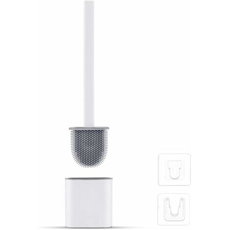 Brosse WC Silicone Plate- Brosse Toilette et Supports, Anti-goutte, Antibactérienne, Balayette WC Ventilée, Séchage Rapide sans Odeur, Balai WC Montage Mural/au Sol, Salle de Bain et WC Blanc