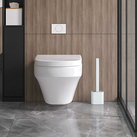 Brosse WC Silicone Plate- Brosse Toilette et Supports, Anti-goutte, Antibactérienne, Balayette WC Ventilée, Séchage Rapide sans Odeur, Balai WC Montage Mural/au Sol, Salle de Bain et WC Blanc