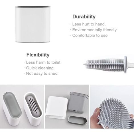 Brosse WC Silicone Plate- Brosse Toilette et Supports, Anti-goutte, Antibactérienne, Balayette WC Ventilée, Séchage Rapide sans Odeur, Balai WC Montage Mural/au Sol, Salle de Bain et WC Blanc