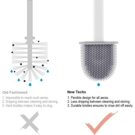 Brosse WC Silicone Plate- Brosse Toilette et Supports, Anti-goutte, Antibactérienne, Balayette WC Ventilée, Séchage Rapide sans Odeur, Balai WC Montage Mural/au Sol, Salle de Bain et WC Blanc