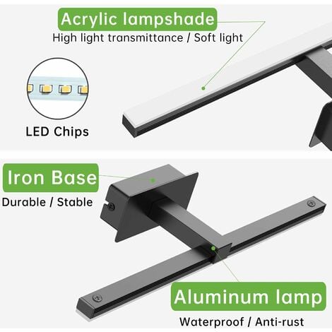 Lampe Miroir LED 9W, Lampe Miroir Salle De Bain Blanc Froid 6000K Éclairage Avant Miroir 40cm Éclairage Armoire Salle De Bain 720LM Lampe Murale Miroir Led Noir(Pas D'interrupteur)
