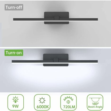 Lampe Miroir LED 9W, Lampe Miroir Salle De Bain Blanc Froid 6000K Éclairage Avant Miroir 40cm Éclairage Armoire Salle De Bain 720LM Lampe Murale Miroir Led Noir(Pas D'interrupteur)