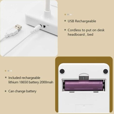 Lampe de bureau LED sans fil rechargeable par USB 2000 mAh alimentée par batterie, contrôle tactile 3 couleurs 6 luminosité réglable, lampe de table portable