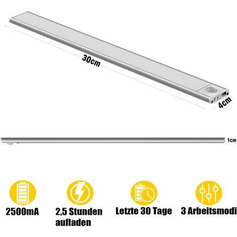Lampe de Placard 30cm à Détecteur de Mouvement Intérieur, Réglette LED Cuisine sans Fil, Lumière D'armoire 6000K avec 3 Modes d’Éclairage, Rechargeable par USB, 2 Pack [Classe énergétique A+++] [Class