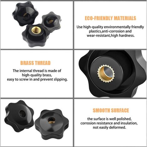 Lot De 4 Boutons Poignée étoile M10 48mm - Filetage Traversant, Pour Serrage, Noir, Plastique