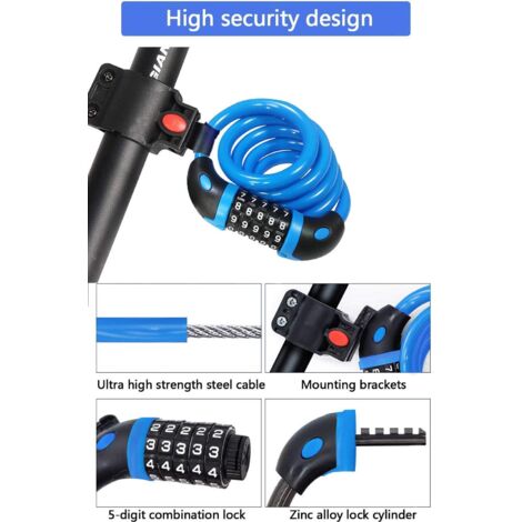 Cadenas Vélo Antivol Long 120cm X 12mm - Code 5 Chiffres Réinitialisable - Serrure Solide Avec Support