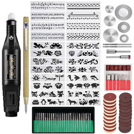 Osqi – Kit de gravure 107 pcs – Stylo graveur filaire 9V 1000mA – 3000 à 20000 RPM – Accessoires pour métal, verre, bois, cuir (1/5)