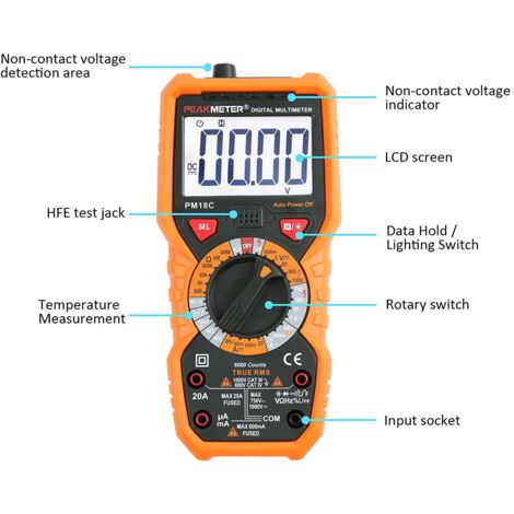 Multimètre numérique PM18C AC DC Testeur électrique numérique automatique Voltmètre sans contact Ampèremètre Ohmmètre Détecteur de tension Maintien avec affichage rétroéclairé