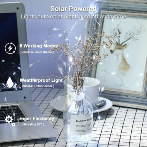 [Lot de 2] Guirlande Lumineuse Exterieur Solaire, 120 LED Guirlande Guinguette Solaire Étanche 12M 8 Modes Fil de Cuivre Guirlande pour Jardin Terrasse Mariage Noël Fête, Blanc Froid