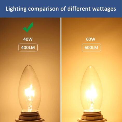 Ampoule Bougie Clair E14 40W, Ampoule Incandescence Dimmable, Blanc Chaud 2700K, 400LM, Ampoule Flamme, E14 Ampoules à bougie à vis Edison, Pack de 10